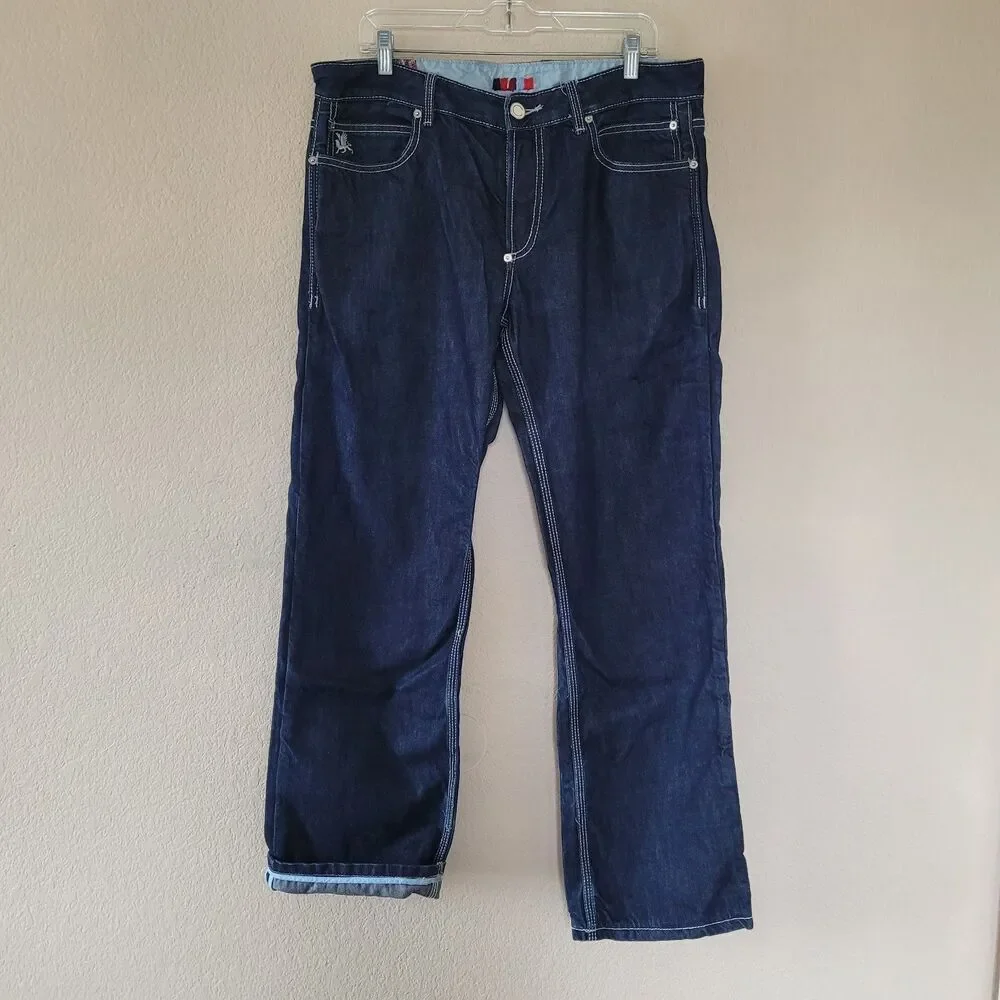 COOGI Jeans Straight Mens 36x34 Embroidered Pockets Denim Dark Blue Loose Baggy